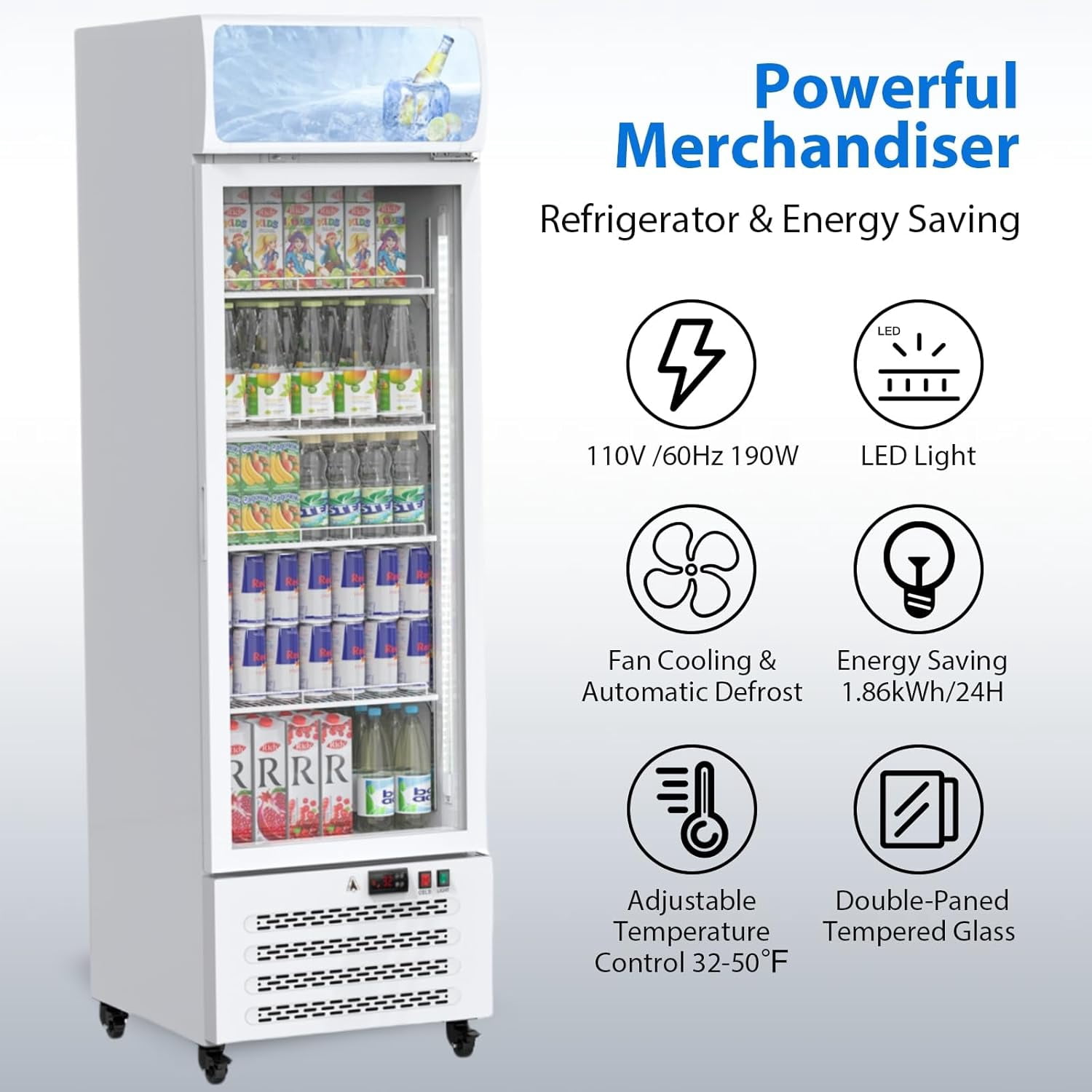 PULLAFUN 11.5 Cu.Ft. Commercial Display Fridge for Beverages, Display Refrigerator Drink Cooler Case Fridge With Led Light for Shop, Restaurant, Apartment, Adjustable Shelves, White