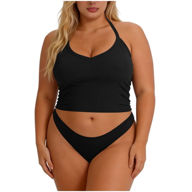 Craaazy Womens Plus Size Sports Tops Solid Color Racerback Ribbed Sleeveless Built-in Bra Crop Tank Tops for Workout Gift