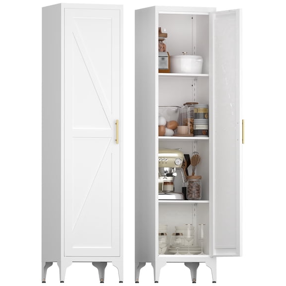 Marcree 65"H Pantry Cabinet, Metal Storage Cabinet with Door and Adjustable Shelves, Kitchen Storage Cabinet Locker Organizer - 65" Storage Cabinets for Bathroom,Bedroom,Office,White