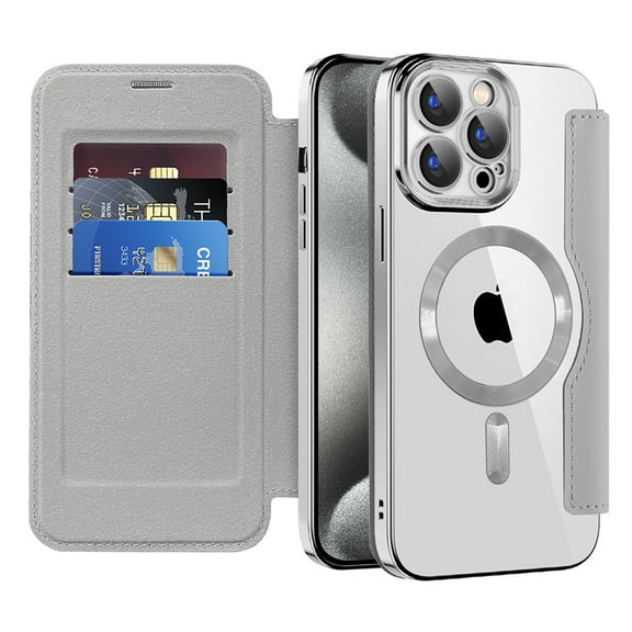 Feishell Flip Case for iPhone 15 Pro with Camera Lens Protect Film,Magnetic Closure PU Leather Folio Case with RFID Blocking Card Slots Luxury Plating Transparent Phone Cover,Grey