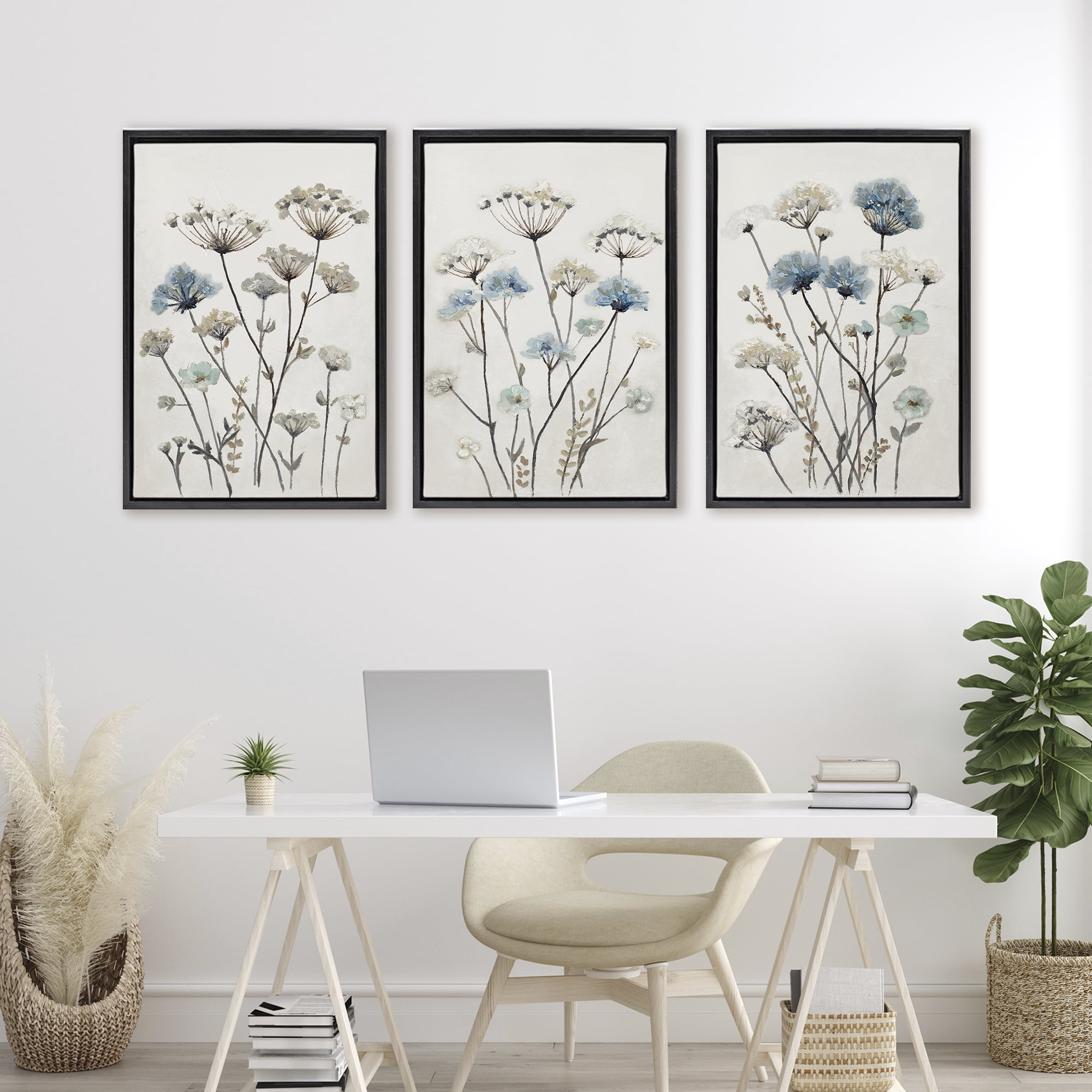 Stupell Industries Neutral & Blue Garden 3 Piece Black Framed Floater Canvas Set, design by Patricia Pinto