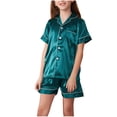 thumbnail image 1 of Zpanxa Girls Matching Sets Summer Solid Color Thin Home Clothing with Ruffle Short Sleeve Round Neck Blouses 8-9 Years, 1 of 6