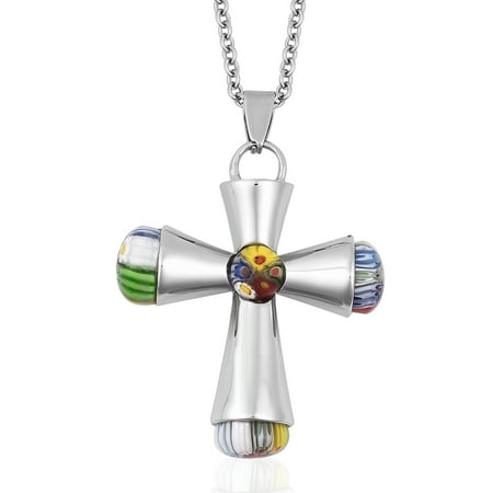 Millefiori Glass Cross Multi Color Murano Millefiori Glass Stainless Steel Cross Chain Pendant Necklace for Women Gift Jewelry 20