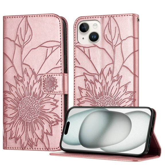 Decase Wallet Case for iPhone 14 Plus Case with Card Holder,Sunflower Pattern Leather Phone Case with Kickstand Magnetic Closure Shockproof Cover Fits for iPhone 14 Plus,Rosegold