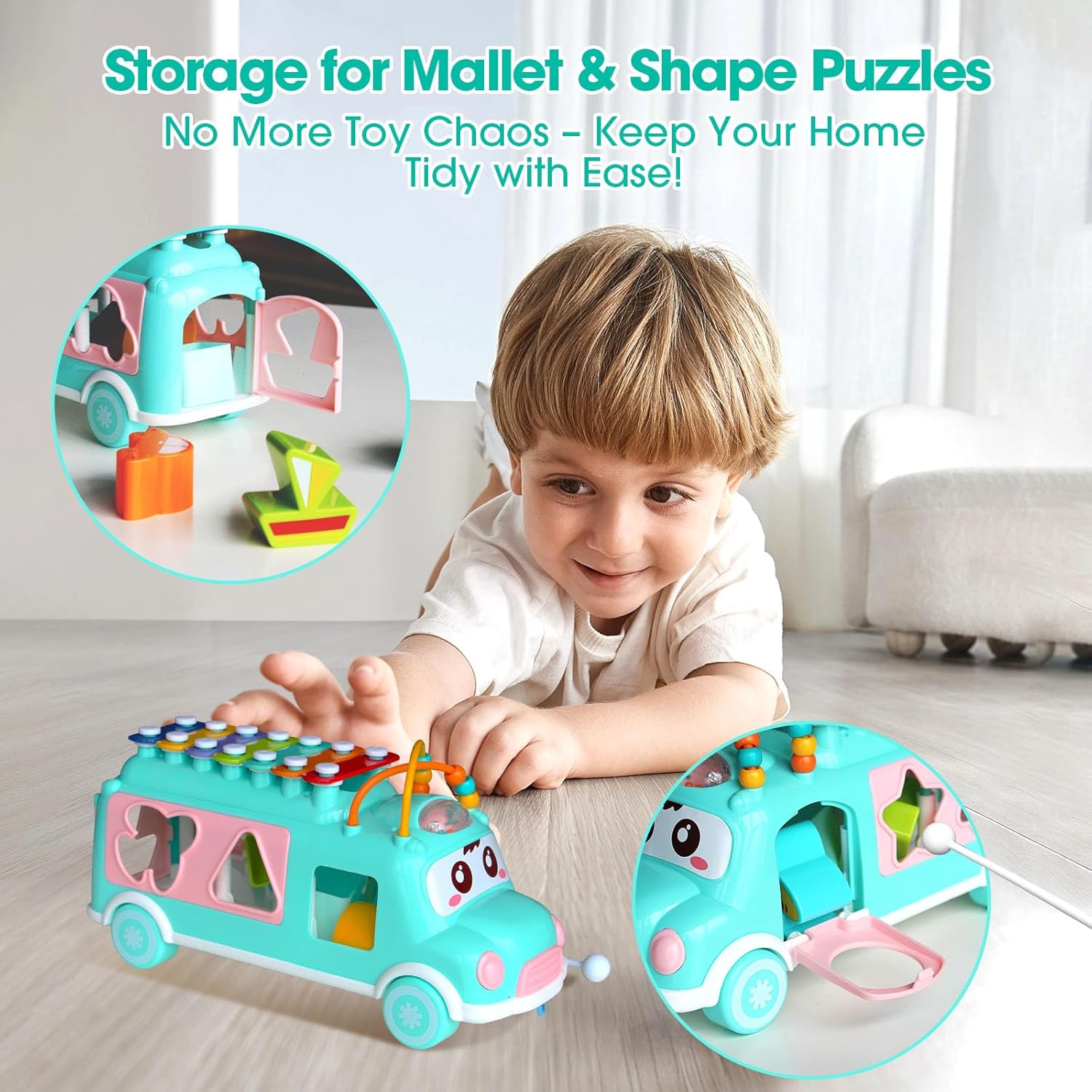 Baby Xylophone for Toddlers 18M+, Bus Shaped Toy Xylophone for Kids with Child Safe Mallet, Shape Sorting Educational Musical Toys and Instruments for Toddlers 1-3