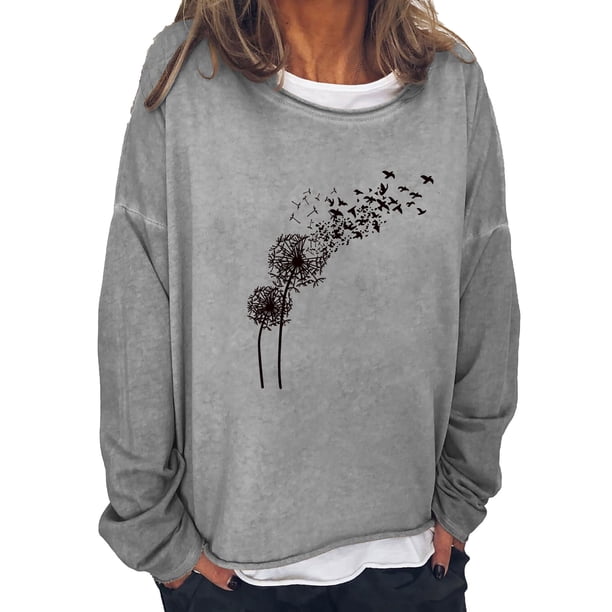 Camiseta de manga larga suelta con cuello redondo y estampado informal para mujer Pompotops gfhjh16097
