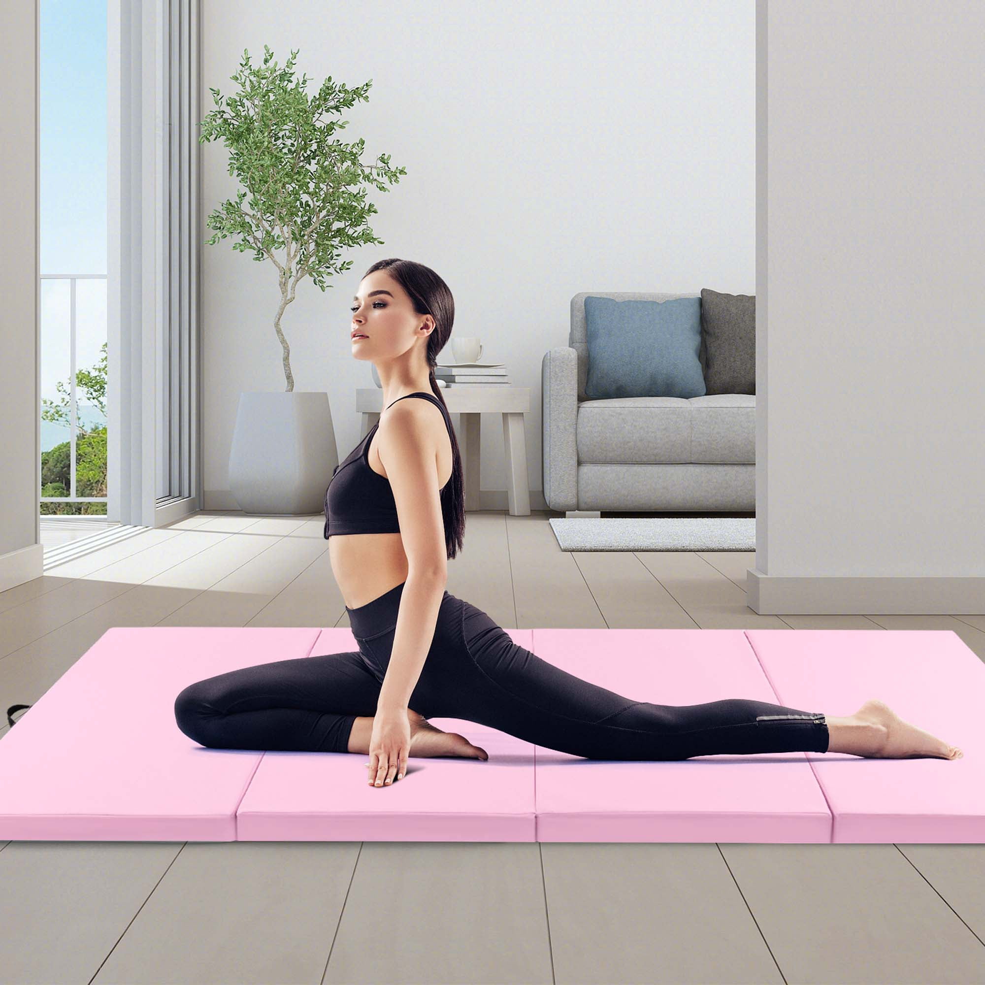 Costway 10' x 4' x 2" 4-Panel Folding Exercise Mat with Carrying Handles for Gym Yoga Light Pink