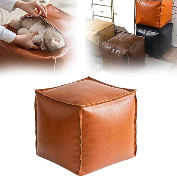 Stuffable Cushion Bag, 2025 New Unstuffed Pouf Ottomans, 2025 New Stuffable Cushion Bag, 16 inch Floor Footrest Storage Solution,Cube Decorative Footrest Storage (Orange)