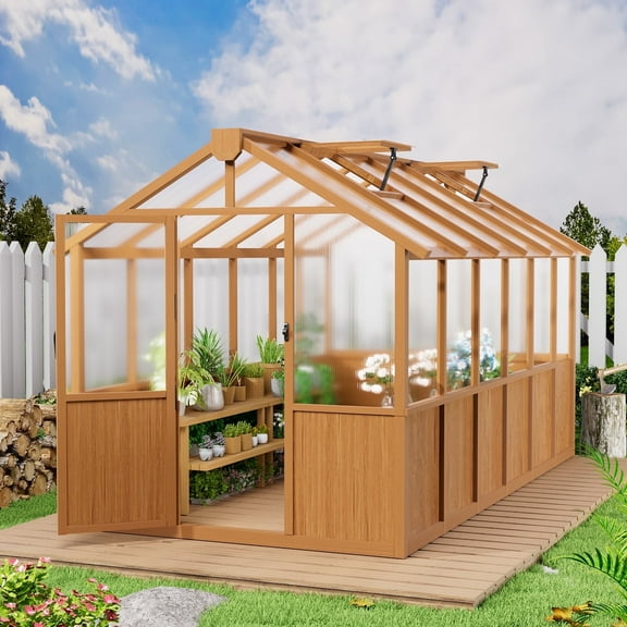 EASYHAWK 6 ft. x 12 ft. Wood Greenhouse for Outdoors, Polycarbonate Panel Wooden Walk-in Greenhouse Kit and Adjustable Roof Vent Backyard Garden,Patio