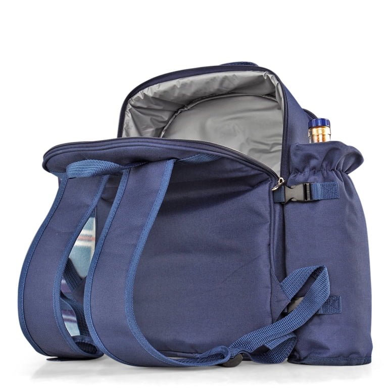 Travel Picnic Backpack For 4 With Blanket (Blue) Wine Picnic Basket Bag 4  Person Plates, Flatware Cutlery, Glass Set, Insulated Compartment, ...