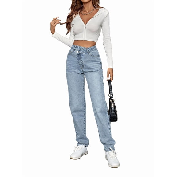 Women'S Casual High Waist Loose Jeans Blue XS