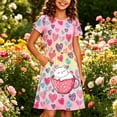 thumbnail image 2 of Rggeeun Child Girls Dresses Colorful Heart & Cat Pattern Short Sleeve Crew Neck A Line Flowy Loose with Ruched Ruffle Knee Length for Summer Playground Delicate Sundress,Pink,7-8 Years, 2 of 6