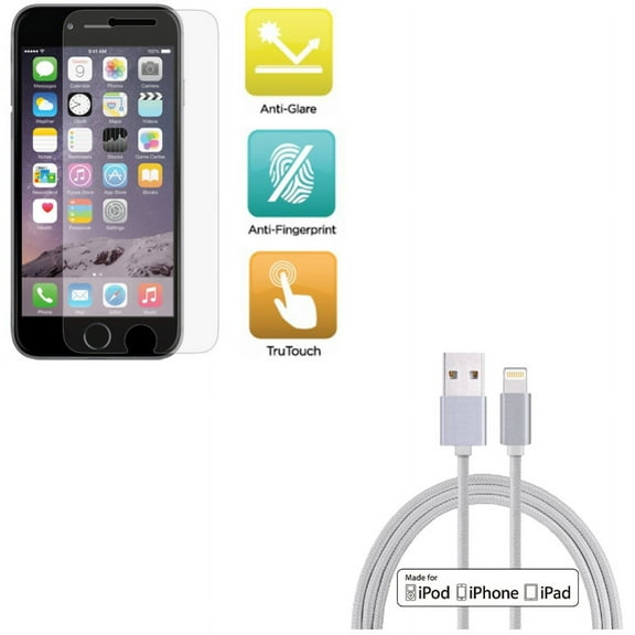 iPhone 8/7/6S/6 - 10ft MFi USB Cable w Film TPU Screen Protector - Certified Charger Cord Power Wire Braided, Anti-Glare Anti-Fingerprint Matte for iPhone 8/7/6S/6