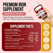 Iron Booster - Dietary Supplement for Women with Vitamin C, B12 & Folic Acid - Boost Red Blood Cell Production- Best Iron Supplements for Anemia - Raw Iron Vitamins 60 Capsules