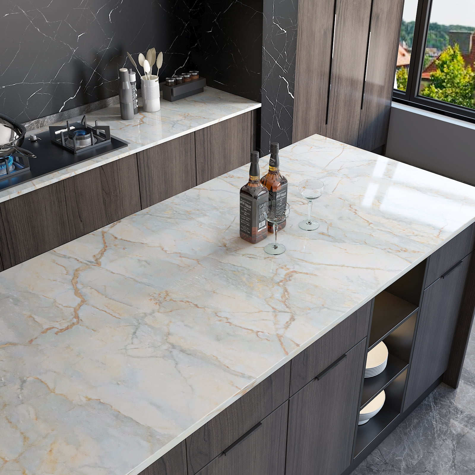 CHIHUT 17.7"×236" Glossy Marble Contact Paper for Countertops Waterproof Self-Adhesive Removable Marble Wallpaper for Walls Thick Vinyl Film Kitchen Peel and Stick Countertops Paper for Table Bathroom