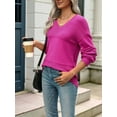thumbnail image 6 of Womens 2025 Fall Casual Long Sleeve Ribbed Knit V Neck Light-Weight Crochet Pullover Sweater Rose Red M, 6 of 7