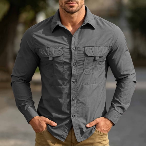 CQONEPT Men's Long Sleeve Tactical Shirt Ripstop UPF 50 Top Breathable Button Down Outdoor Hiking Clothes with Pockets Gray M