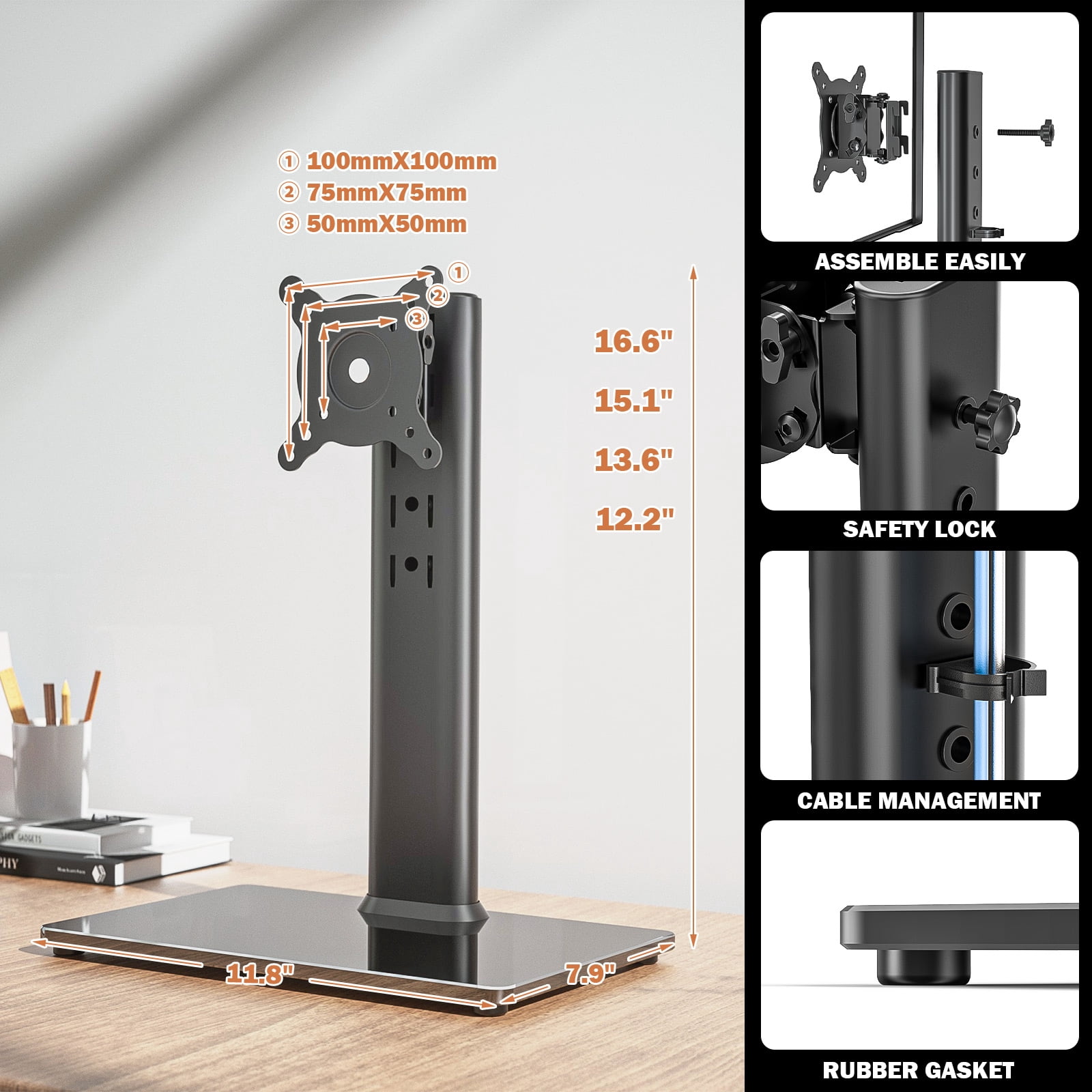 thumbnail image 2 of Adjustable Desk Monitor Single Monitor Desk Stand Free-Standing Desk Mount Arm Riser For 13 Inch To 32 Inch Screen Freestanding Vesa Mount Base Adjustable Height Tilt Swivel Rotation Black Ax05tb01 Monitor Mount 2 of 12