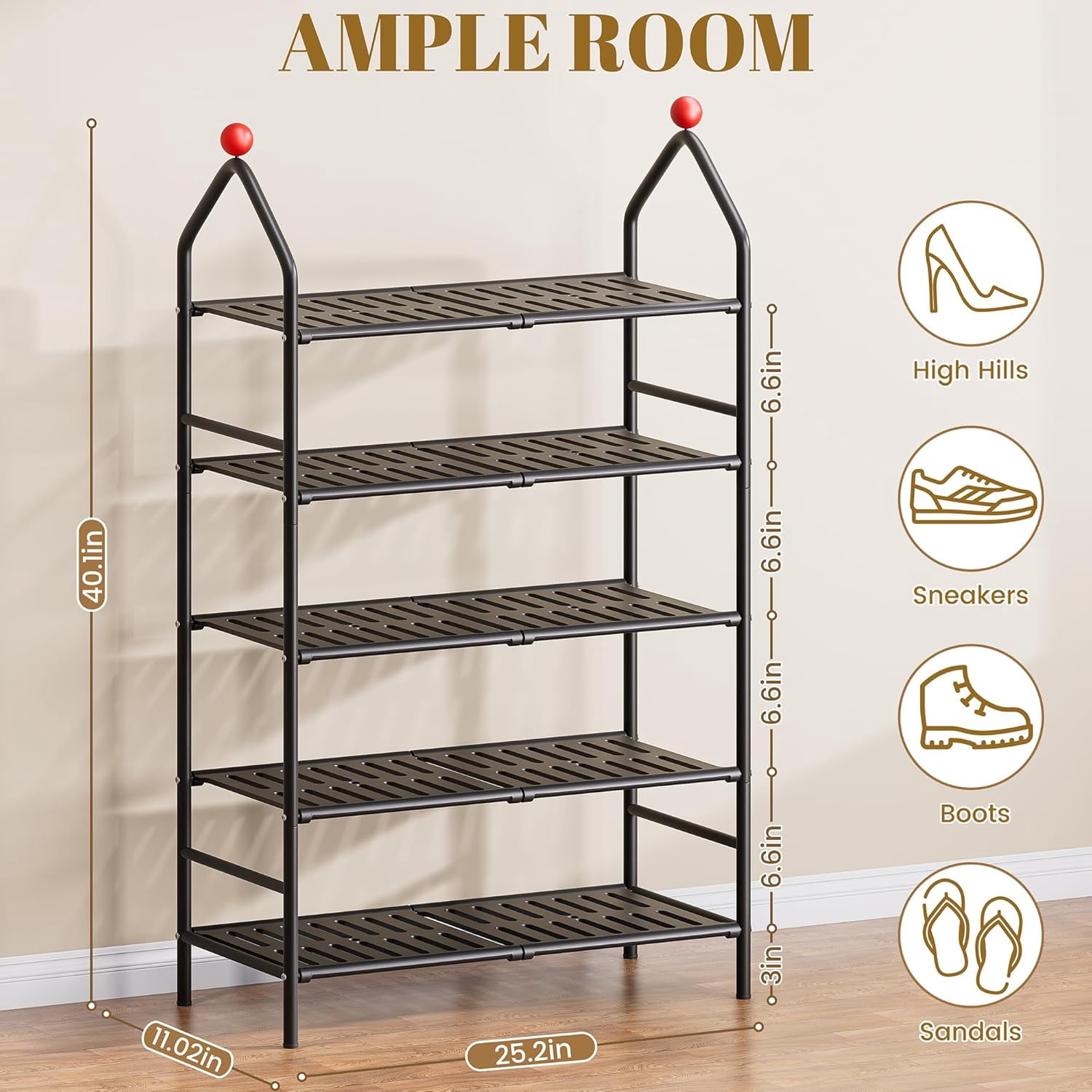 5-Tier Shoe Rack, Metal Storage Shelf, Black, Sturdy Shoe Organizer for Closet, Entryway & Garage