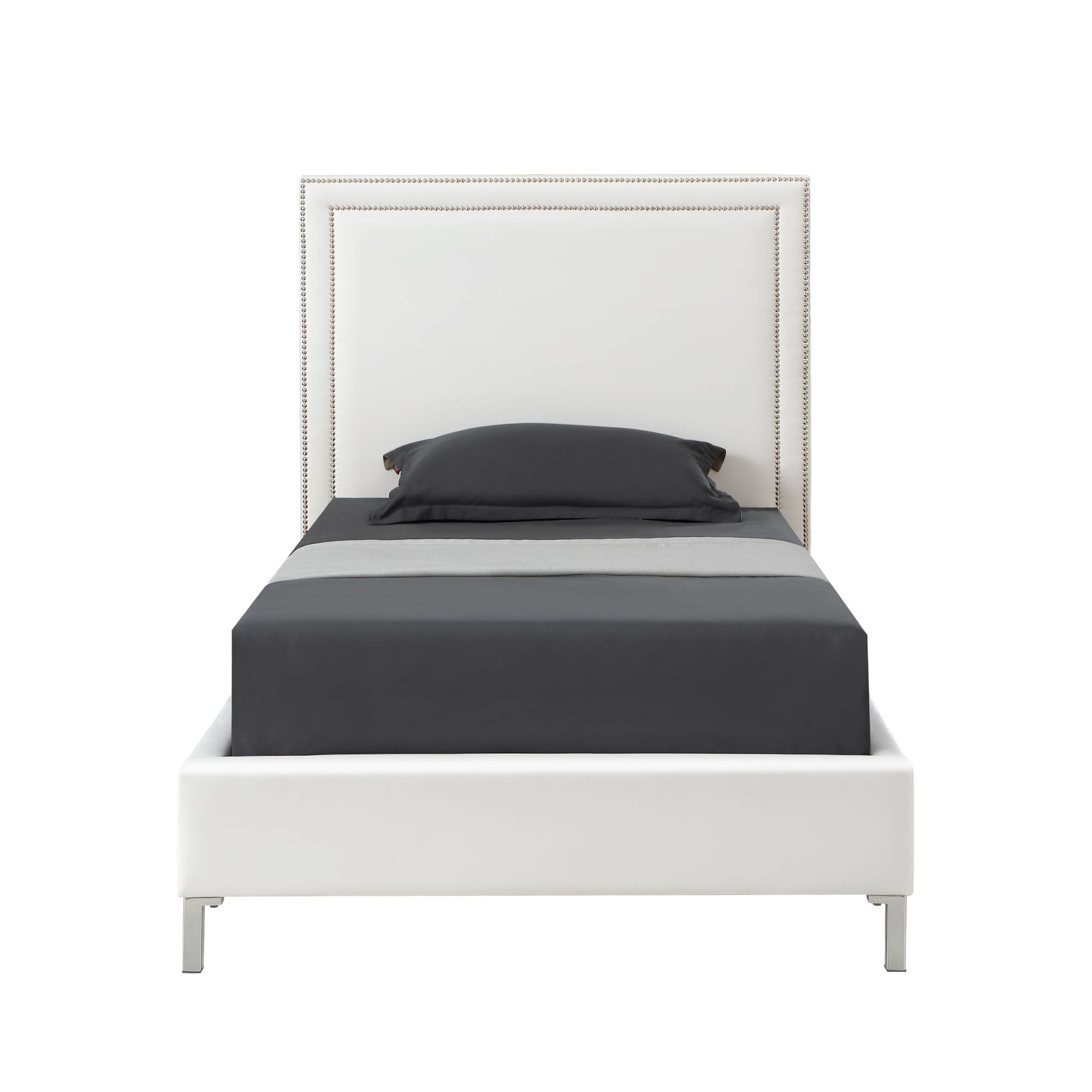 Inspired Home Raffaele Leather PU Platform Bedframe Twin Size Nailhead Trim, White
