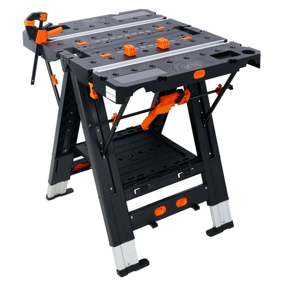 Folding Work Table, 2-in-1 Workbench & Sawhorse, 500lbs Capacity, with Clamps