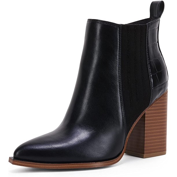 Dellytop Womens Pointed Toe Slip on Stacked Mid Block Heel Shoes Faux