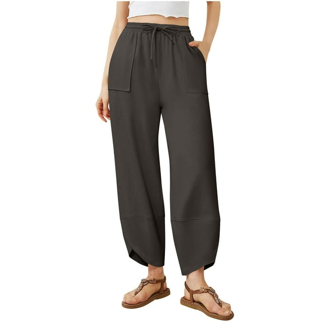 KIHOUT Women's Plus Size Sweatpants Drawstring High Waist Solid Color Summer Loose Straight Leg Pants with Pockets