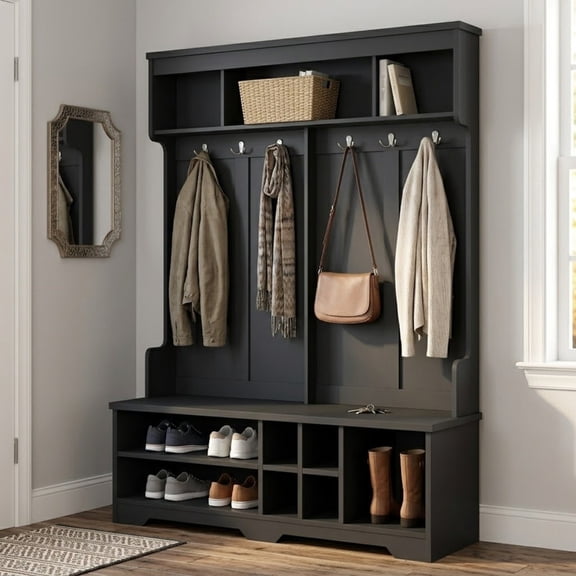 Modern Hall Tree with 6 Hooks, Entryway Coat Rack with Top Storage Space, Multi-Functional Mudroom Organizer Entryway Bench with Shoe Cubbies and Shelves for Hallway, Living Room