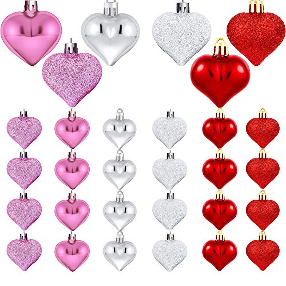 Valentines Pink Large 3.5" Sequins Glitter Hearts Ornaments Decorations Set of 3 