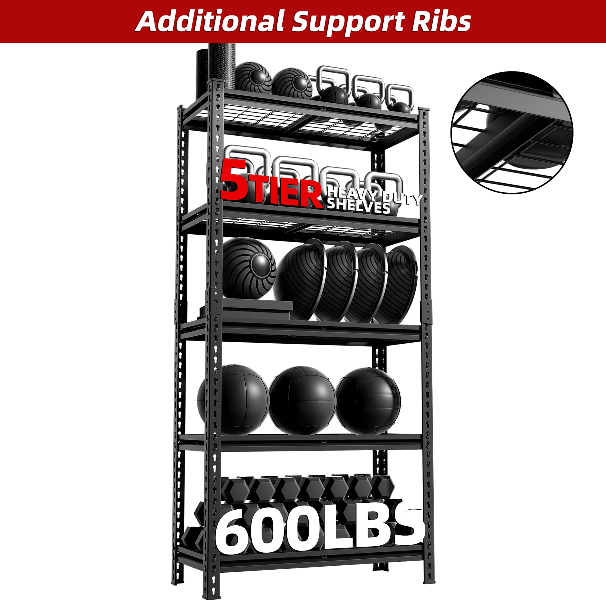 FIXTECH 5-Tier Adjustable Storage Shelf Units for Garage Heavy Duty, 72" H x 35.5" W x 16", Black