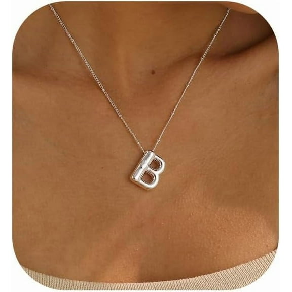 Gold Bubble Letter Necklace For Women, 14K Gold Plated Balloon Initial Letter Pendant Necklace Dainty Charm Initial Necklaces For Women Trendy Chunky Custom Name Necklace Gold Jewelry For Wo[Z1971]