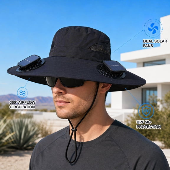 Rodiuiu Solar Fan Hat, UPF 50 Wide Brim Sun Hat with 2 Fans, Solar & USB Rechargeable, 3 Speeds for Fishing/Camping/Hiking/Gardening