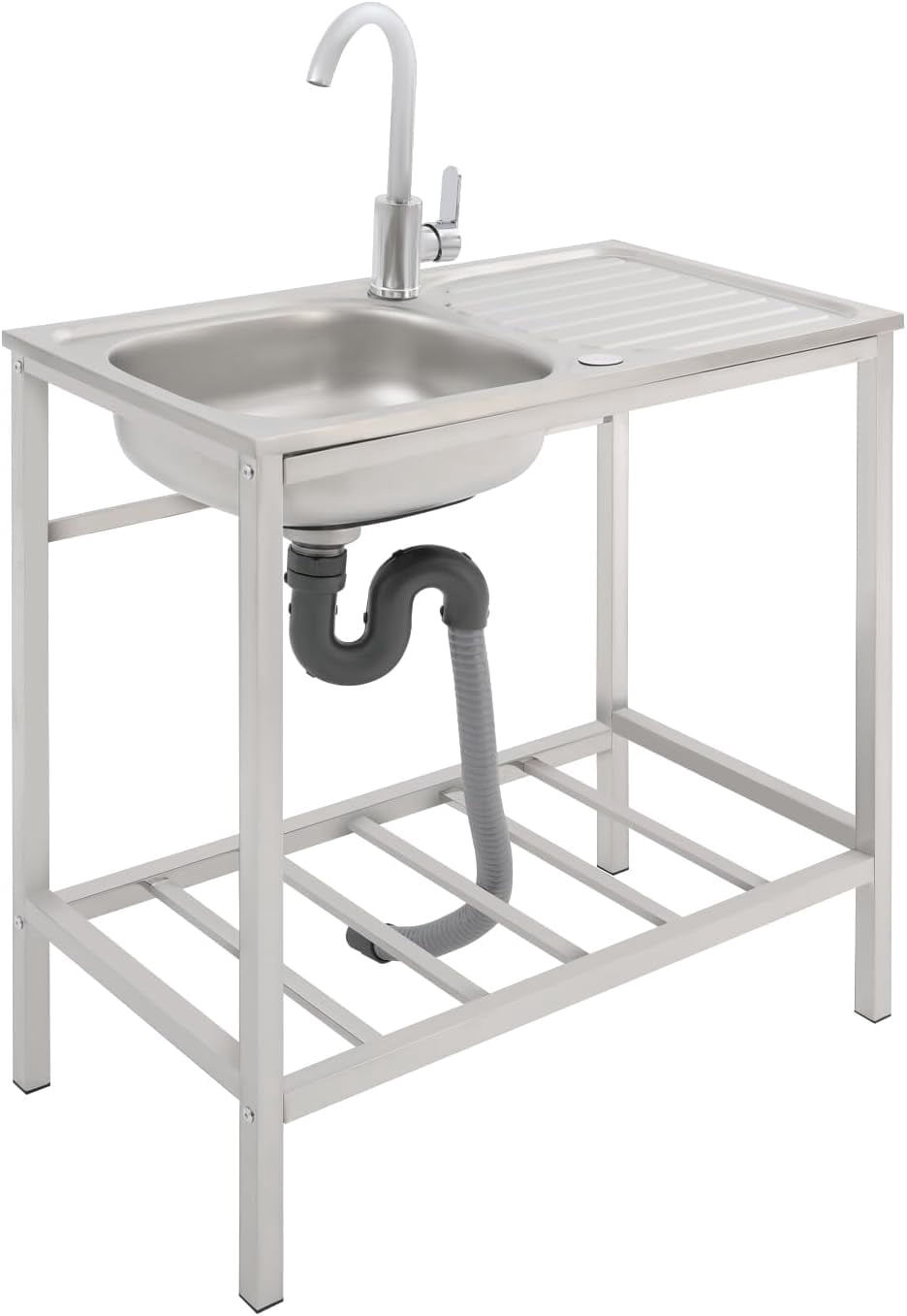 Stainless Steel Utility Sink, 29.5*15.7*29.5 in Free Standing Single Bowl Kitchen Sink with Hot and Cold Faucet & Storage Shelf, Indoor/Outdoor Washing Hand Basin Station for Restaurant