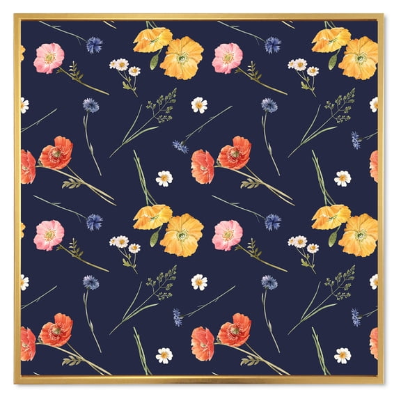 Designart 'Yellow and Orange Wild Flowers On Dark Blue' Traditional Framed Canvas Wall Art Print