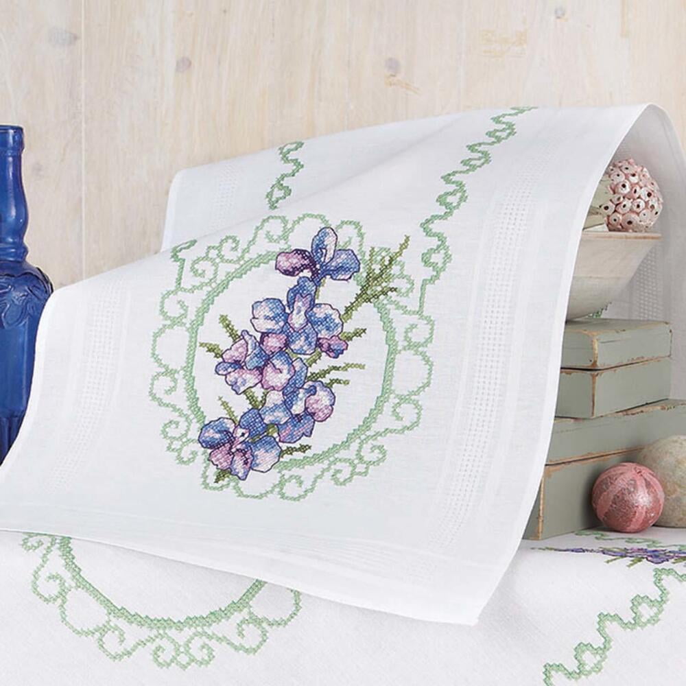 Village Linens Flower of Month Table RunnerJuly Stamped CrossStitch Kit