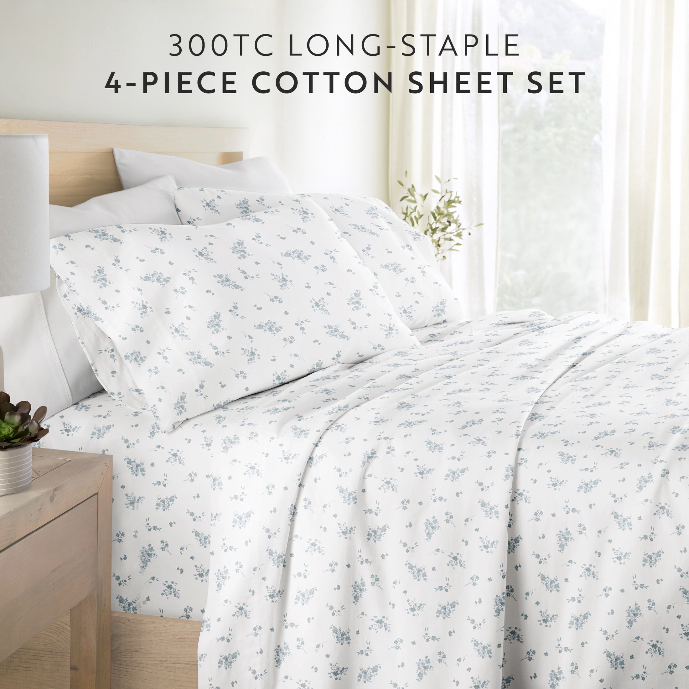 Noble Linens 4 Piece 300TC Cotton Printed Sheets, Bouquet Bliss Light Blue, Twin