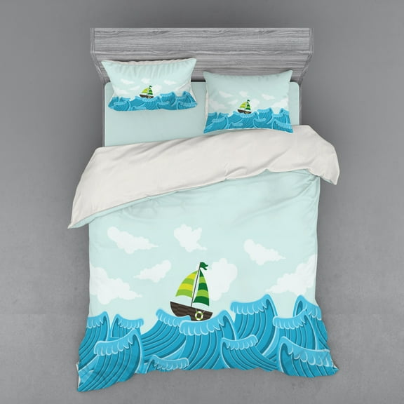 Ambesonne Ocean Bedding Set 4 Pcs, Sailing Boat on the Sea, Queen, Pale Blue Sky Blue