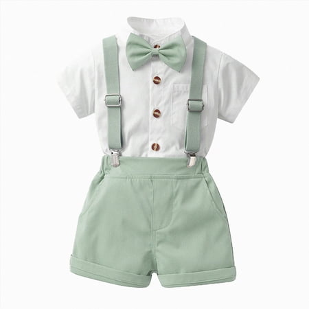 WUANDIXFA Toddler Suits for Boys 6 9 12 18 24 Months 2T3T4T5T6T Toddler Boys Short Sleeve Shirt Tops Shorts with Tie Gentleman Outfits Light Green 2-3 Years