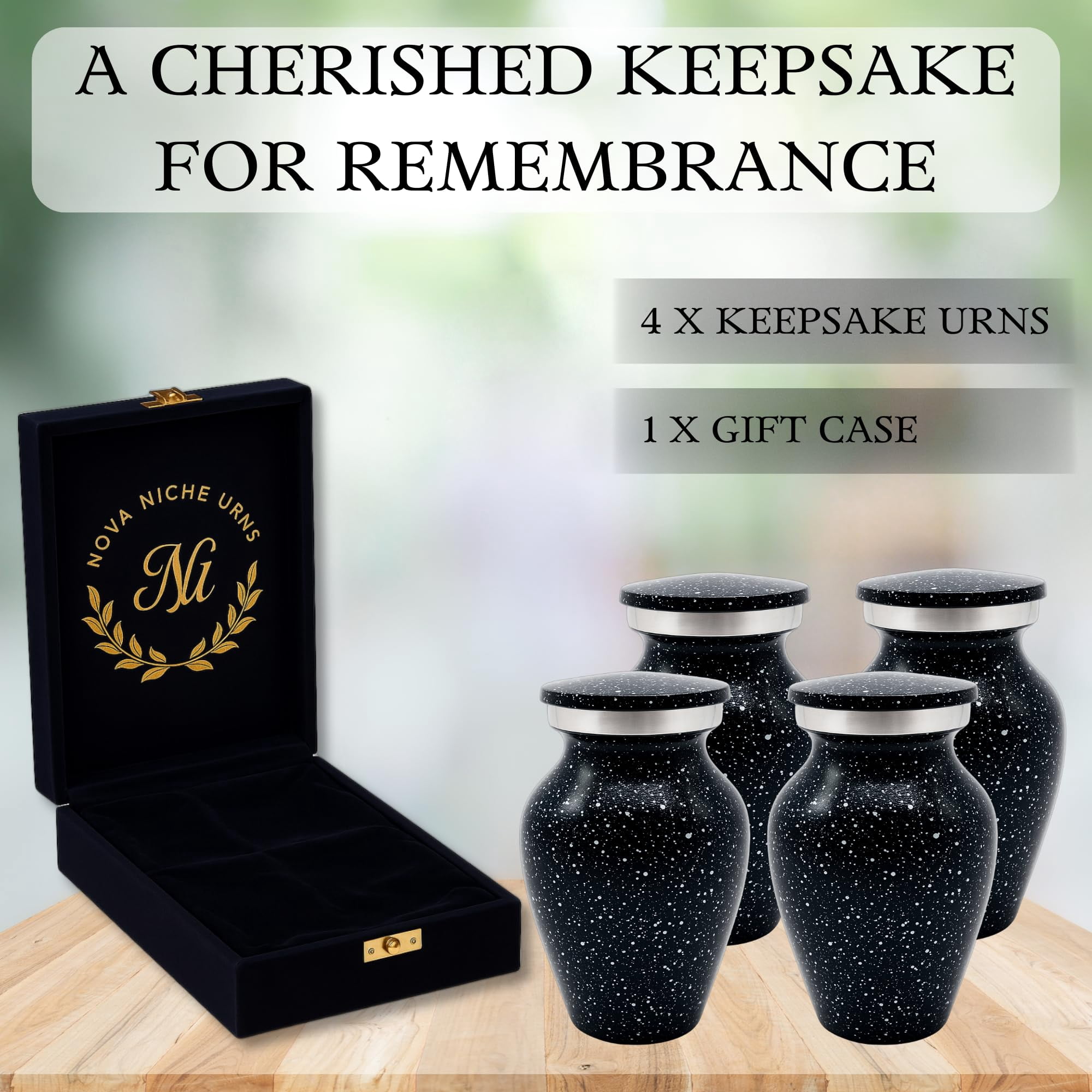 Nova Niche Urns Small Size Cremation Urn for Human Ashes, Mini Keepsake Set of 4 Black and White with Velvet Case