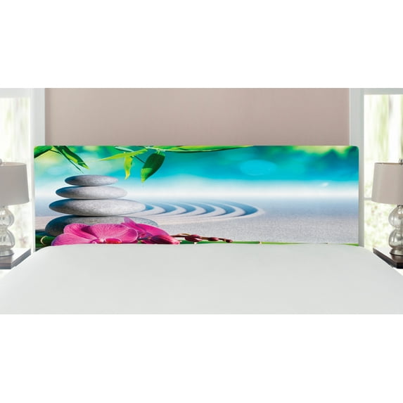 Spa Headboard, Sand Orchid and Massage Stones in Garden Sunny Day Yoga, Upholstered Decorative Metal Bed Headboard with Memory Foam, King Size, Blue Fern Green Fuchsia, by Ambesonne