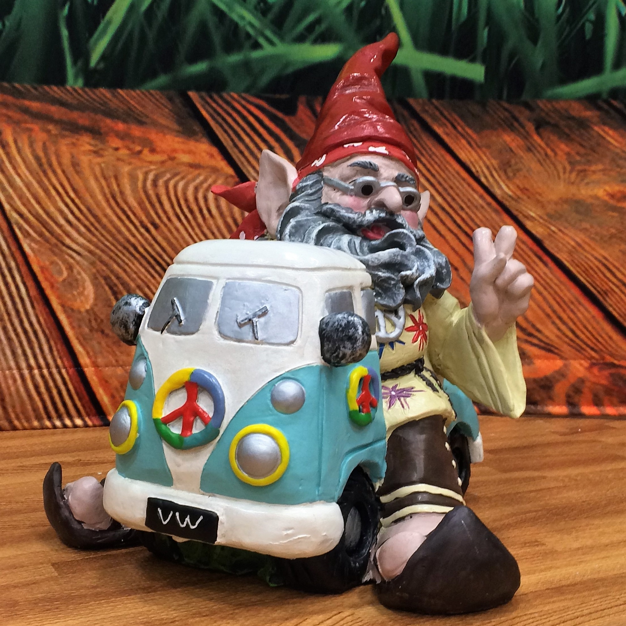Nowaday Gnomes - The 60's Jerry "Peace Man" Hippie Gnome Riding in His VW Bus Home & Garden Gnome Statue 11"H