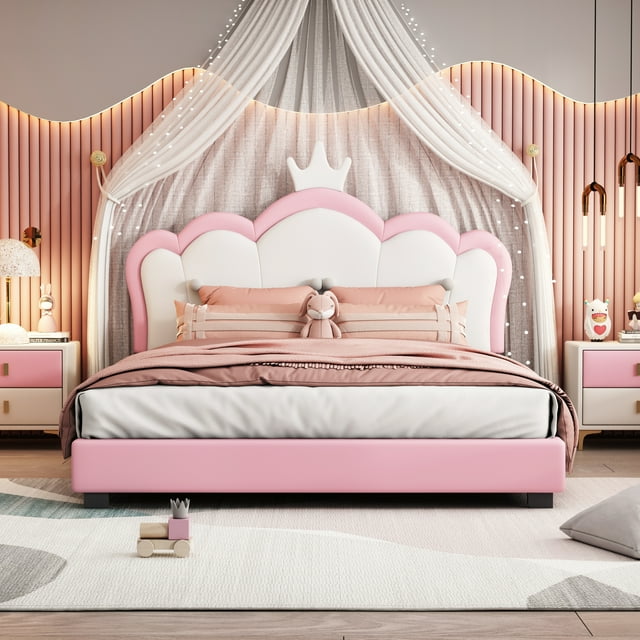 Noble house Full size Upholstered Princess Bed With Crown Headboard,Cream+Pink