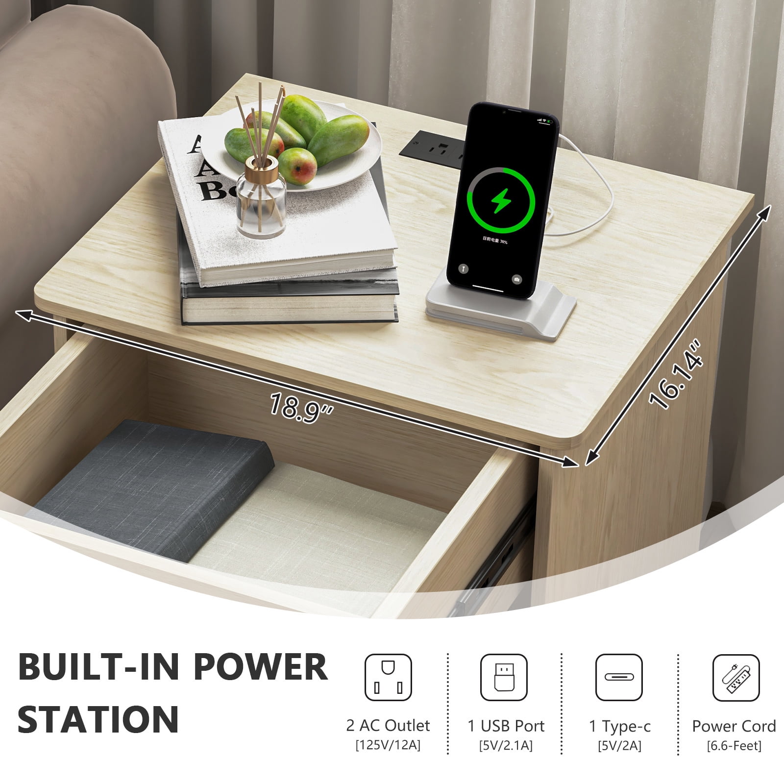 Hommoo Modern Nightstand with Charging Station, End Side Table Bedside Table with Drawer and Open Storage, Natrual