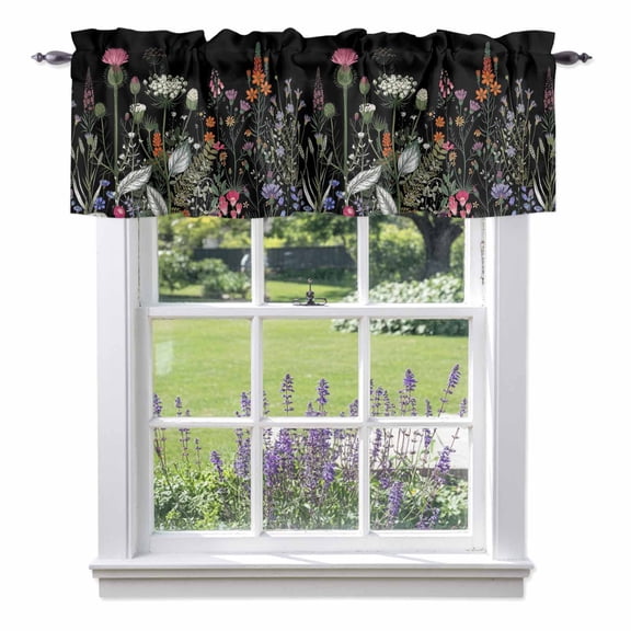 Spring Floral Kitchen Curtain Valances for Windows Farmhouse Short Curtains, Black Farmhouse Botanical Watercolor Rod Pocket Valance Curtain for Bedroom Cafe Living Room 42"x12"