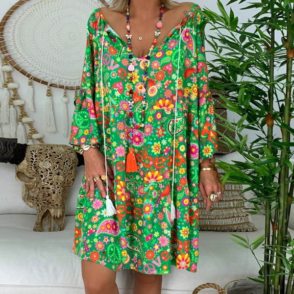 Lilgiuy Women's Ladies Loose Floral Print Three Quarter Sleeve Mini Dress Summer Dress Gifts for Your Family Menber