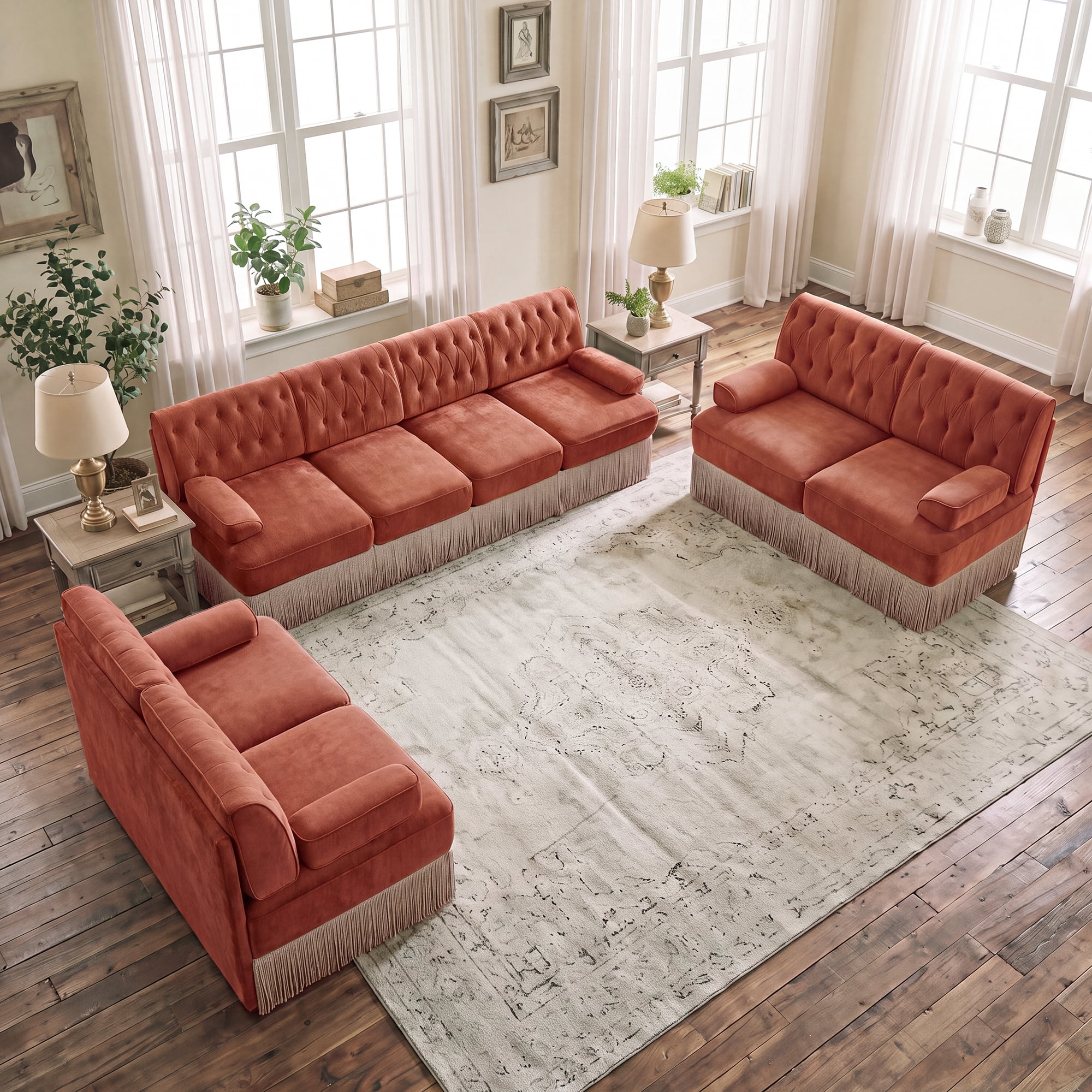 3‑Piece Sectional Sofa Set, 2 Pcs Loveseat & 1 Pcs 135" 4‑Seater Sofa Couch Set with Tassel Skirt