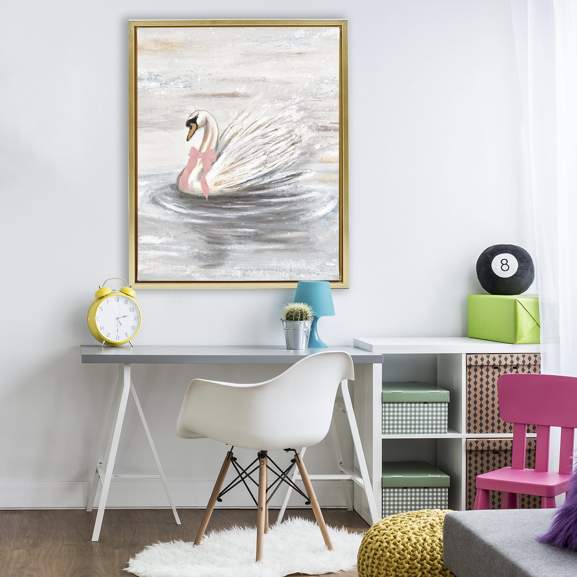 Stupell Industries Swan With Pink Bow & Ripples Gold Framed Floater Canvas Wall Art, design by Patricia Pinto
