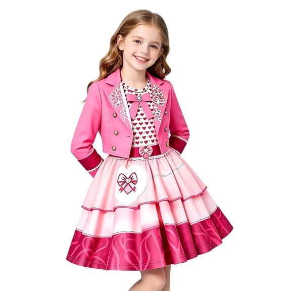 Pink Wonderland Costume Set, Heart Print Jacket and One-Piece Dress Fantasy Halloween Cosplay Party Outfit