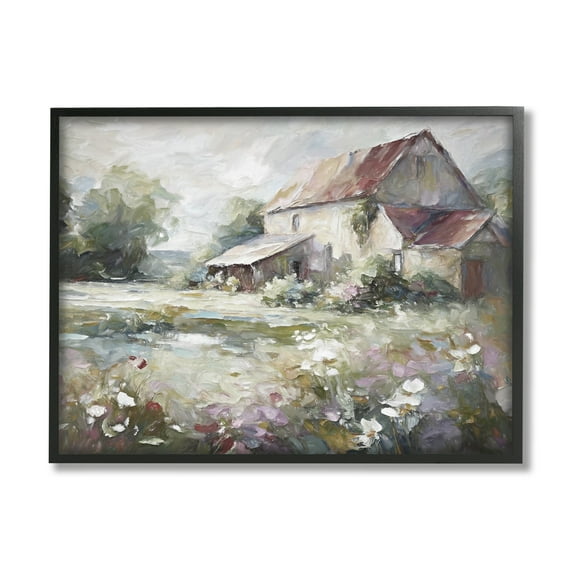 Stupell Industries Muted Cottage Meadow Landscape Painting Black Framed Art Print Wall Art, 14 x 11