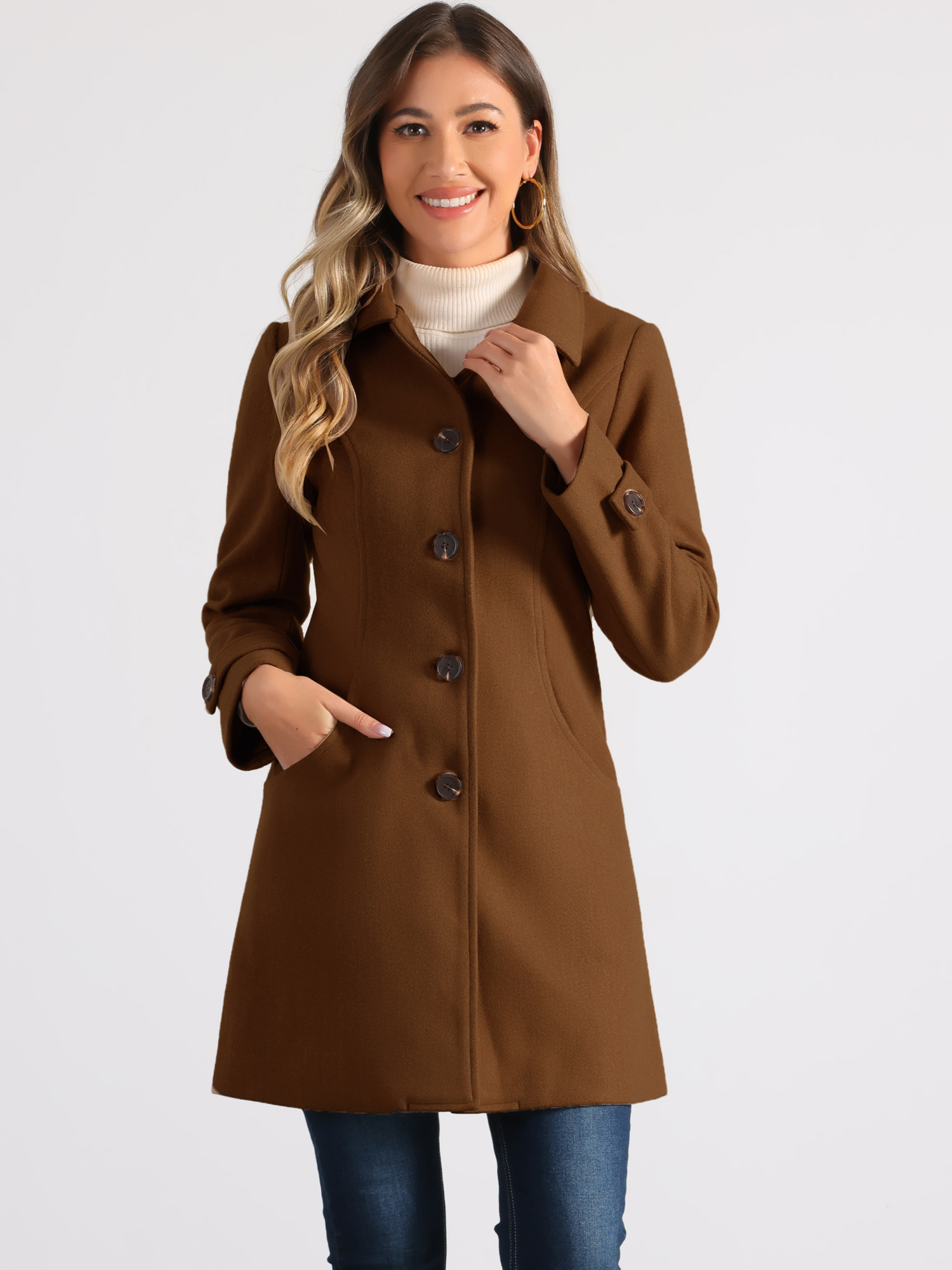 DARING DIVA Women's Peter Pan Collar Winter Outwear Trench Pea Coats Dark Brown L